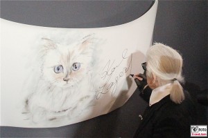 Karl Lagerfeld signiert unterschreibt Motorhaube Katze Opel Ausstellung Berlin