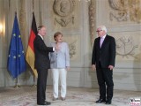 S.E. John B. Emerson, Angela Merkel, Frank-Walther Steinmeier Diplomatisches Corps Schloss Meseberg Gartensaal Berichterstatter